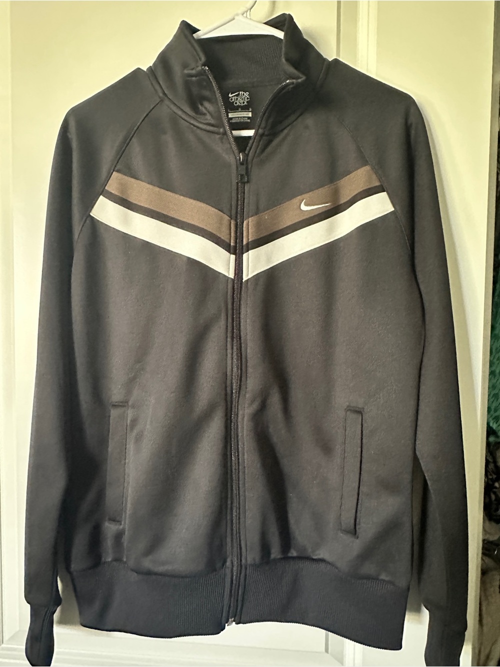 Nike Women’s Black Full-Zip Track Jacket with Brown & White Chevron
